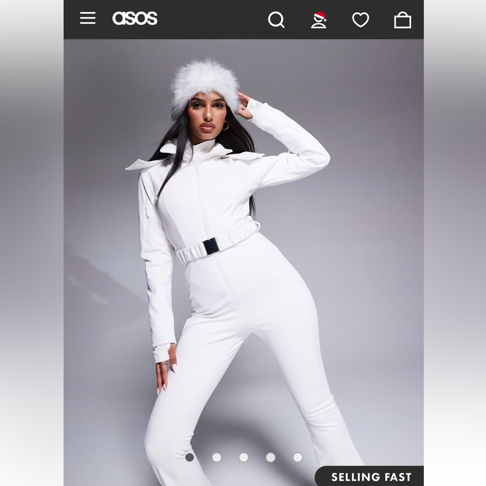 ASOS 4505 Ski belted ski suit with slim kick leg and faux fur hood in white